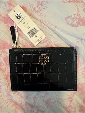Tory Burch Black Croc-Embossed Card Wallet with Gold Logo